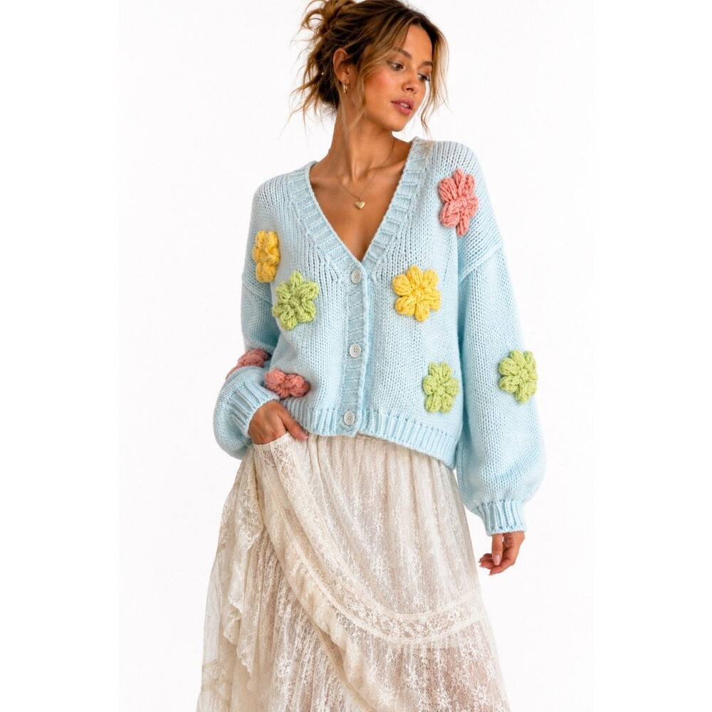 Debut Pastel Blue 3D Floral Appliqué Chunky Knit Cardigan M/L Cottagecore